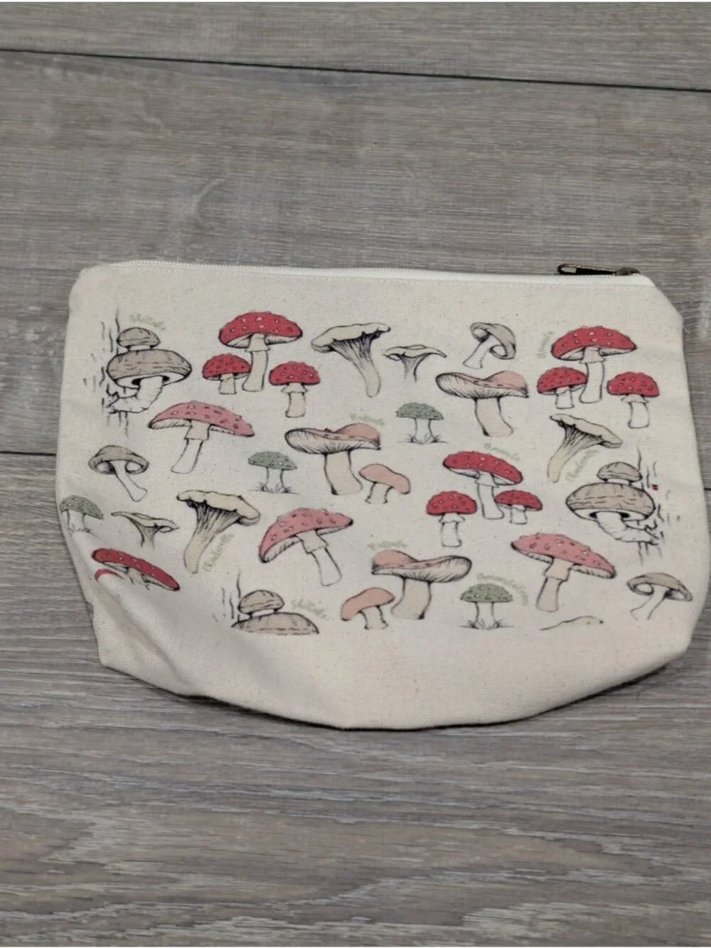 Canvas  Cosmetic Makeup Bag Vintage Botanical Mushroom Print Embroidered Detail